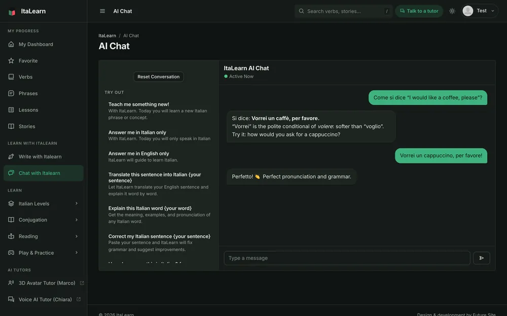 The ItaLearn AI chat explaining how to order a coffee in Italian