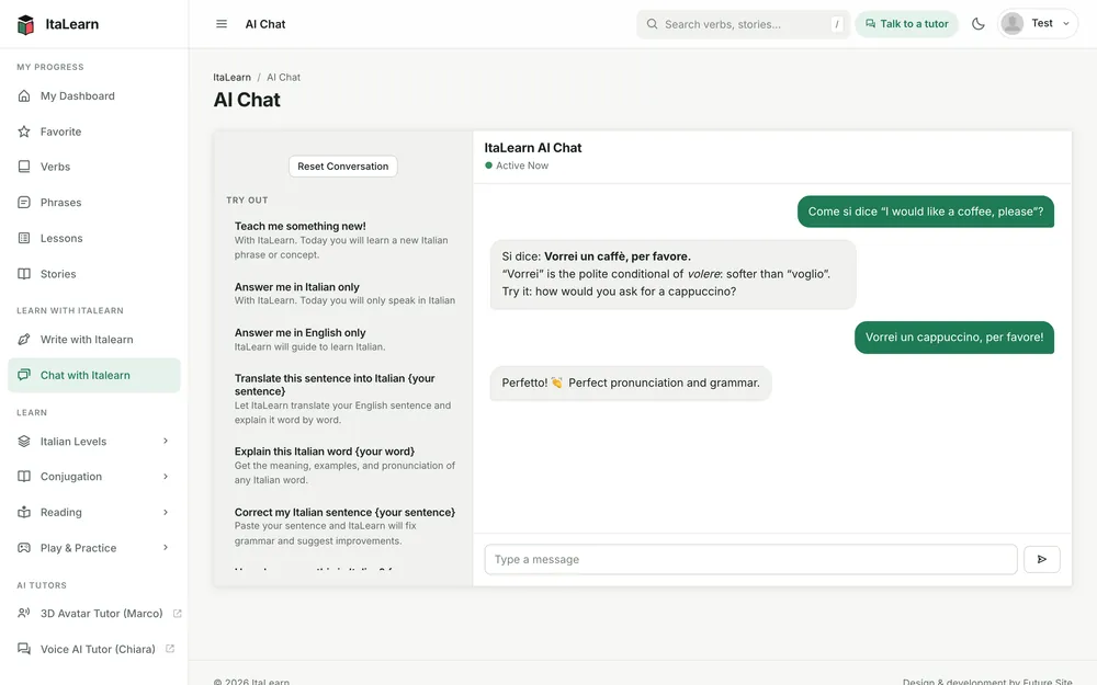 The ItaLearn AI chat explaining how to order a coffee in Italian