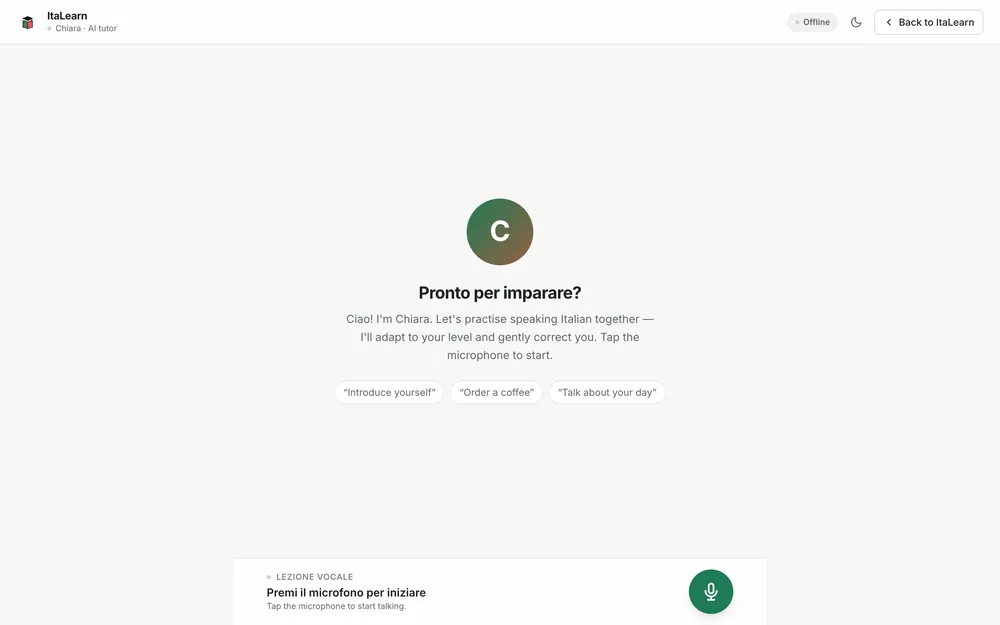 Chiara, the ItaLearn voice tutor, ready to start a conversation