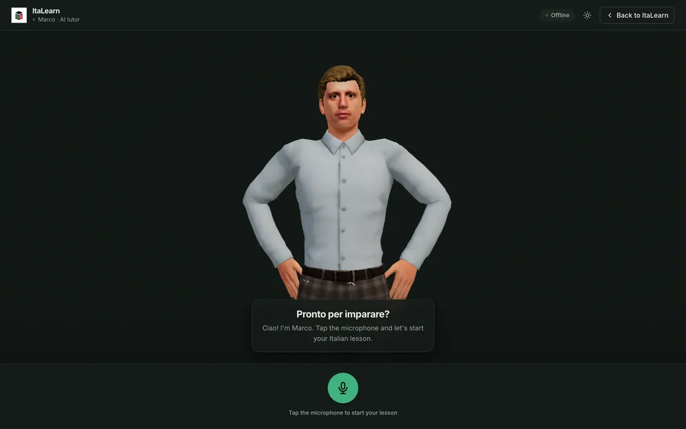Marco, the 3D AI tutor, ready to start a spoken lesson
