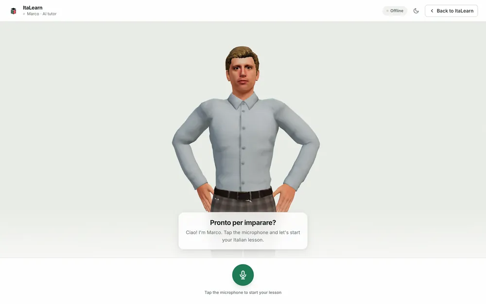 Marco, the 3D AI tutor, ready to start a spoken lesson