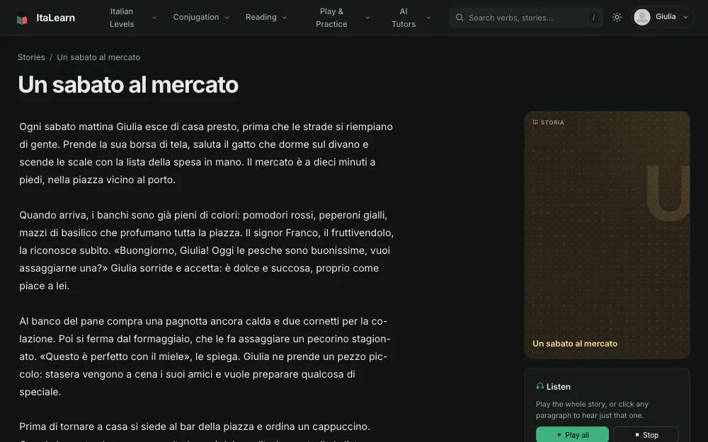 A story in the ItaLearn reading view, with the listen panel