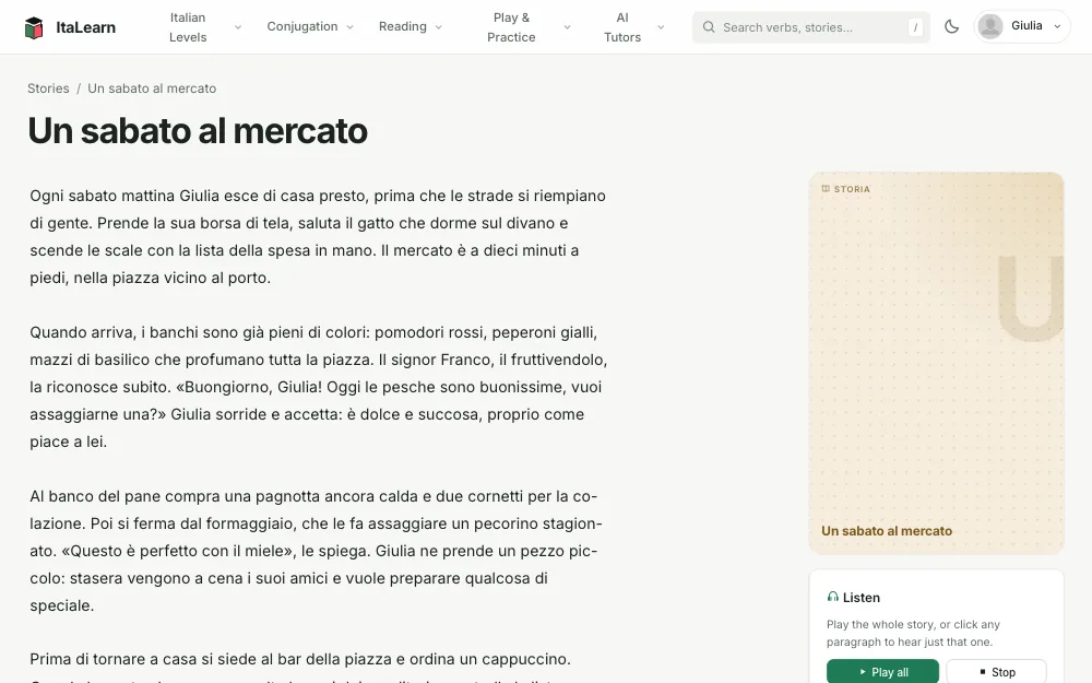 A story in the ItaLearn reading view, with the listen panel