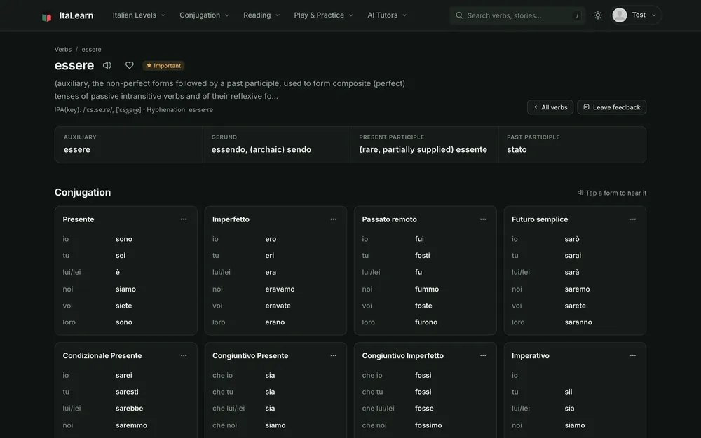 The verb essere with all its conjugation tables