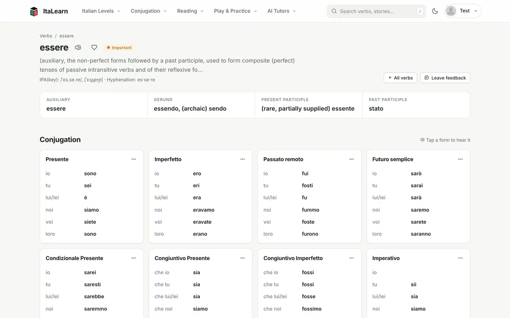 The verb essere with all its conjugation tables